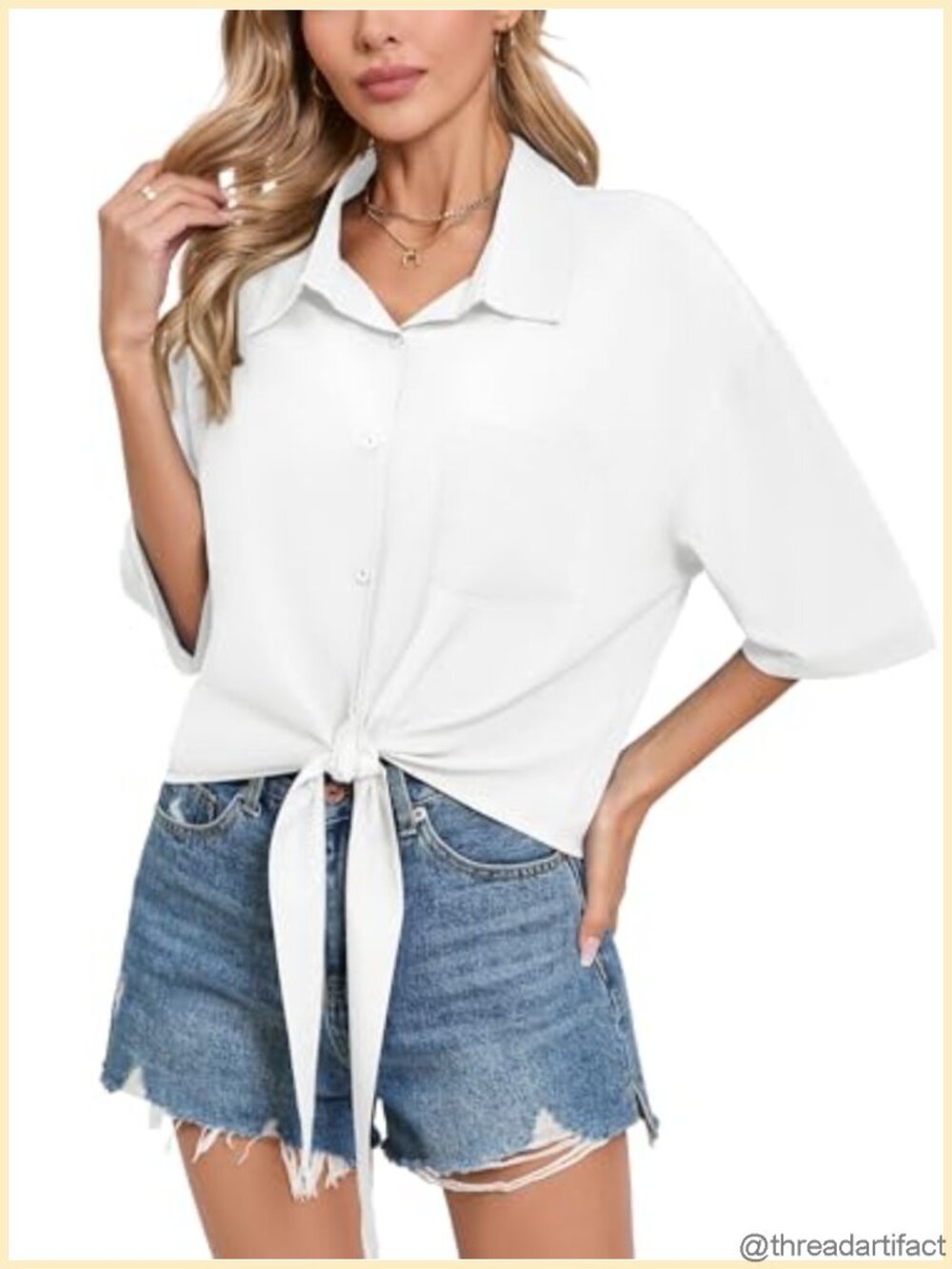 Women's Tie Front Button Down Shirt 3/4 Sleeve Collared Work Blouse with Pocket
